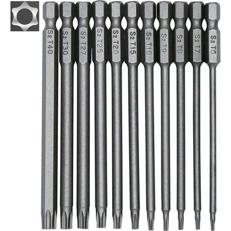 Jeu de 11 embouts longs Torx pour tournevis et visseuse électrique - Embouts magnétiques - Tige hexagonale de 1/4" - Tailles T6 à T40 - Longueur 100 mm- (1/5)