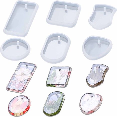 Moules en résine pour pendentif (6 pièces), kit de création de pendentifs, moules cœur/rond/ovale/carré/rectangulaire, moule à suspendre en résine