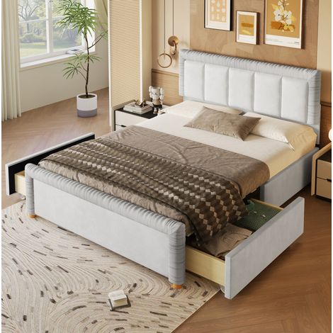 MODFU – Letto matrimoniale 140x200 cm in velluto con 2 cassetti modulabili, testiera imbottita, piedini in legno e carico 220 kg – Grigio (1/5)