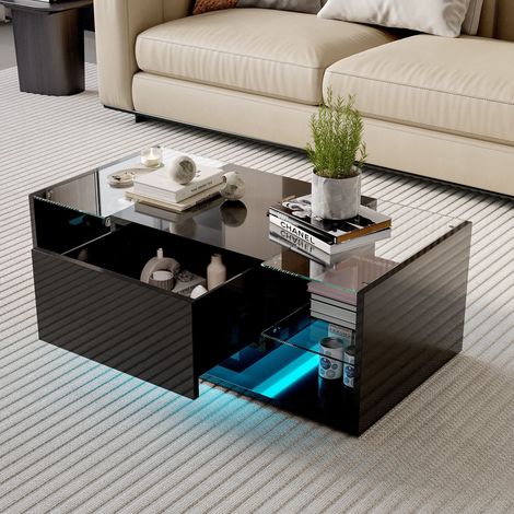 Mesa de centro moderna 100 cm con LED, cajón y estantes, acabado brillo, tablero de cristal templado - Negro (1/5)