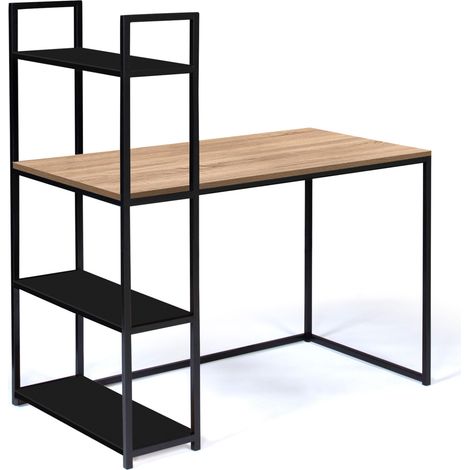 Idmarket – Bureau d'angle en bois et métal noir – Longueur 113 cm x largeur 64 cm x hauteur 120 cm – 3 étagères en métal pour rangement