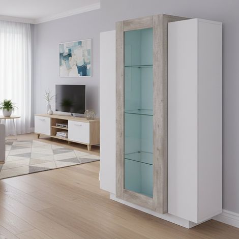 Dmora - Vitrina Dfrutt, Aparador con tres puertas, Mueble de salón multiusos, 100% Made in Italy, cm 80x38h121, Blanco brillo y Cemento (1/4)