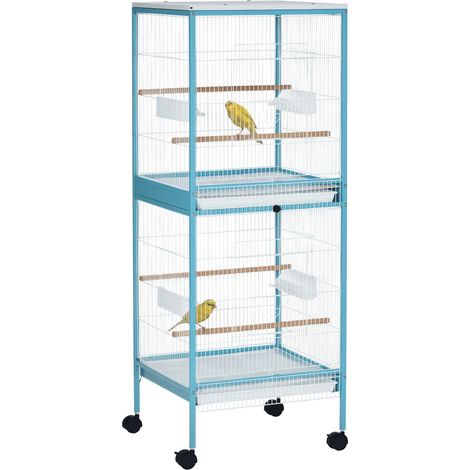 Pawhut – Volière double sur pied pour oiseaux – 51,5x50x140cm – Acier bleu clair – 4 portes d'accès – 2 mangeoires et perchoirs inclus