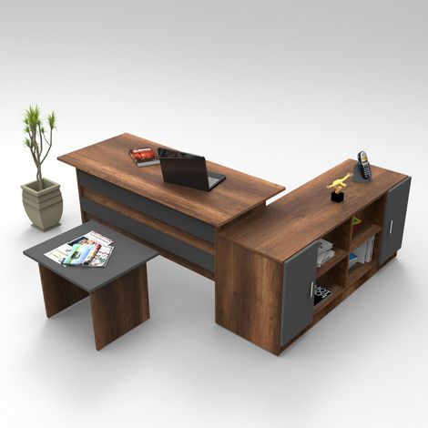 Bureau, buffet et table basse Busymo Chêne foncé et Gris (1/5)
