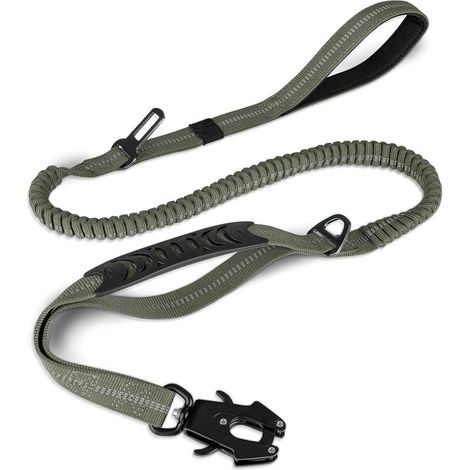 Elastische Hundeleine, zugfrei, 1,2–1,8 m, 2 reflektierende, gepolsterte Griffe, kompatibel mit dem Autosicherheitsgurt, für mittelgroße, große und extra große Hunde, Armeegrün (1/5)