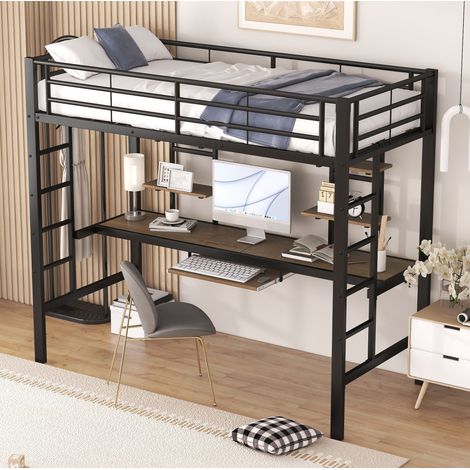 Hochbett 90x200 cm schwarz aus Metall und MDF mit Schreibtisch, Regalen und Leiter (1/5)