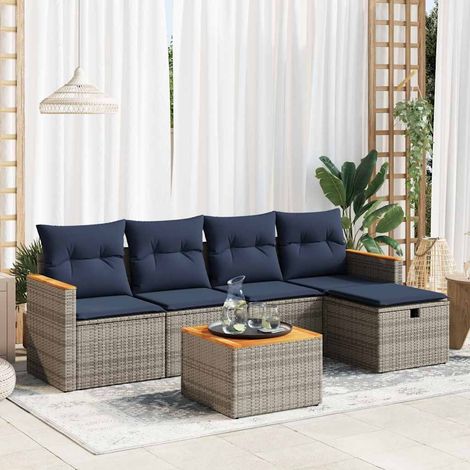 Salon de Jardin 6 Places Gris en Résine Tressée avec Table et Coussins Bleu Marine, Housse Amovible et Rangement Intégré (1/5)