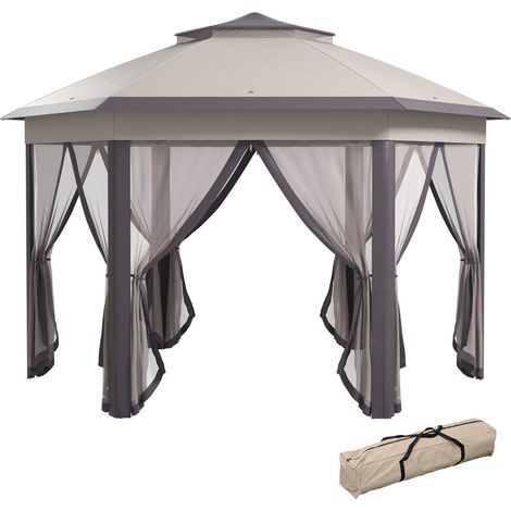Gartenpavillon Faltpavillon 4 X 4 M Pop-Up-Zelt Partyzelt Inkl. Tragetasche 6 Seitenteile Doppeldach Sechseckig Kaffee+Beige
