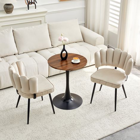 Conjunto mesa redonda de 60 cm en MDF con 2 sillas de terciopelo, madera clara y negro DESVIAE (1/5)