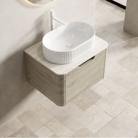 Meuble de salle de bain 60 cm avec vasque ovale, tiroir soft-close, beige et blanc HAVRYA (1/5)