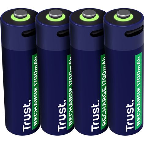 Trust Batterie ricaricabili AA USB-C 4 Pezzi, Porta USB-C integrata, nessun caricatore necessario de Batteria, Alta capacità 1700 mAh, Ricarica con Cable USB Incluso/Caricatore de Telefono, Pacchetto  (1/4)
