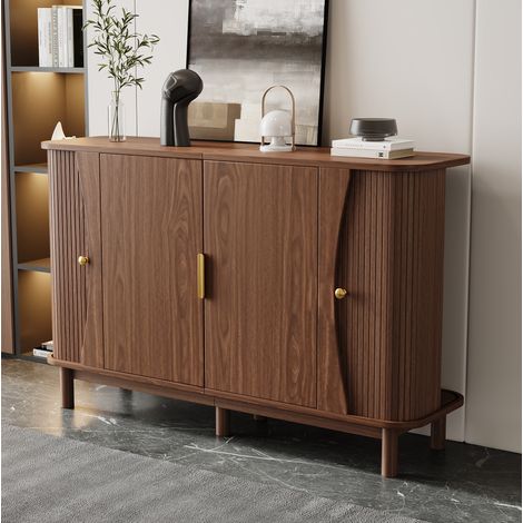 Credenza contenitore con 2 ante scorrevoli e ripiano regolabile, in MDF noce, 140x40x88 cm (1/5)