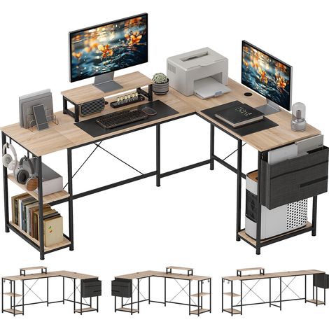 Bureau d'angle modulable réversible 168-240 cm style industriel - étagère réglable, sac de rangement, support d'écran (1/5)
