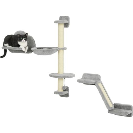 Lot de 3 pièces grises pour mur d'escalade de chat avec hamac, rampe, griffoir et plateforme nuage, accessoire design sobre pour intérieur pratique et décoratif
