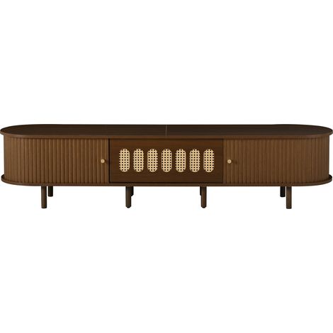 Mobile TV 180 x 40 x 40 cm in MDF color noce con dettagli effetto rattan, per TV fino a 80 pollici (1/5)