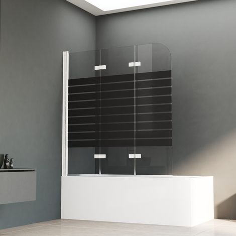 Duschwand für Badewanne 140x140cm 3-teilig Faltbar, Badewannenaufsatz mit Schwarz Gestreift Duschtrennwand aus 6mm ESG Sicherheitsglas, Duschabtrennung für Badewanne, Weiß Aluminium