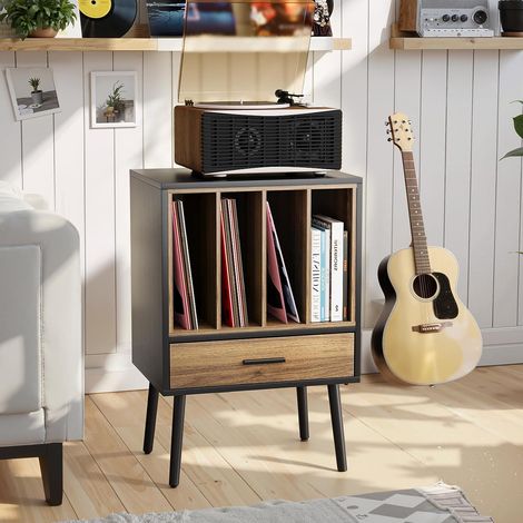 Support de tourne-disque noir avec caisse de rangement et tiroir, table d'appoint pour tourne-disque vinyle avec pieds en bois massif, pour salon, chambre à coucher (1/5)