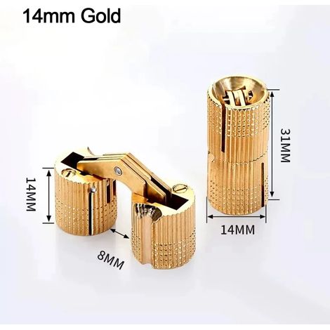 Charnières cylindriques invisibles en laiton (14 mm, dorées) pour meubles et portes. (1/5)