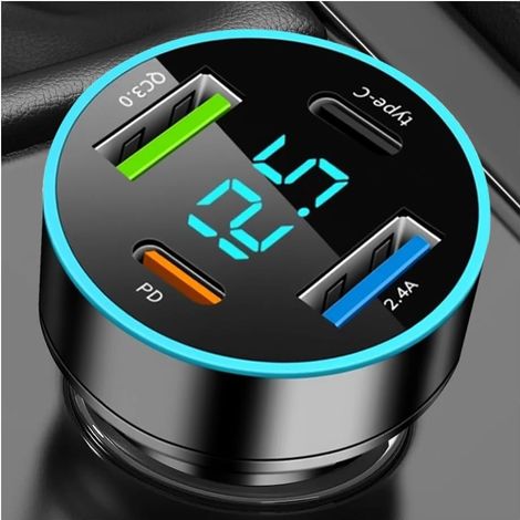 Chargeur allume-cigare USB à charge rapide 4 ports avec voltmètre, port de charge rapide 12-24 V pour voiture, compatible QC3.0/Type-C/PD/2,4 A, chargeur USB 12 V pour voiture (1/5)