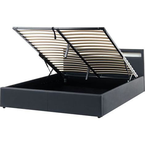 Cama con almacenaje somier de láminas tapizado de piel sintética 160 x 200 cm luces LED multicolores negro Armelle (1/5)
