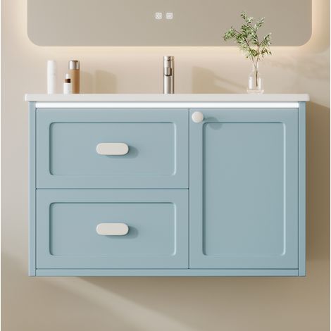 Mueble lavabo suspendido 76x46x51 cm MDF y cerámica azul, LED, ahorro de espacio – MEUBLIV (1/5)