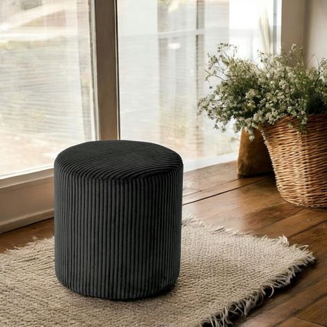 Pouf rond velours côtelé noir (lot de 2) MALMOE (1/2)