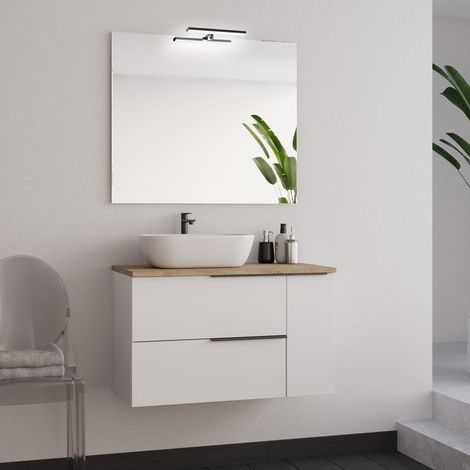 Meuble de salle de bain 80cm avec vasque à poser arrondie et miroir avec applique - blanc - KING (1/5)