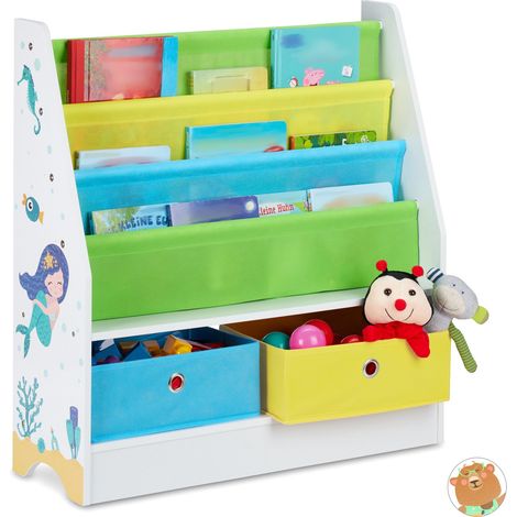 Relaxdays Children's Shelf, Mermaid Motif, 2 Boxes, 3 Compartments, Toy Storage, Bookshelf HWD: 74x71x23 cm, Colourful