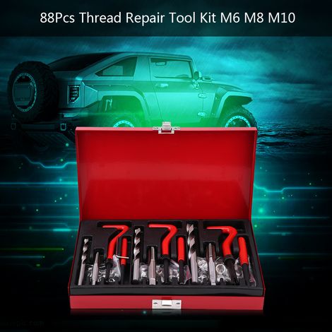 Kit d'outils de réparation de filetage 88 pièces, tarauds M6, M8 et M10, forets et plaquettes (1/5)
