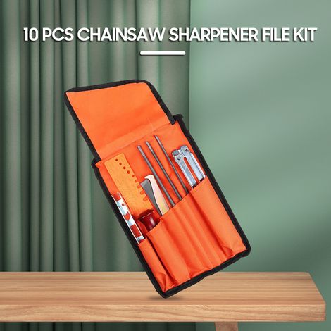 10-teiliges Kettensägenketten-Schärfset, manuelles Werkzeug zum Schärfen von Elektroketten. Enthält: Rundfeilen (5/32", 3/16" und 7/32"), Flachfeile, Holzgriff, Feilhilfe, Tiefenmesser, Schnellprüfleh