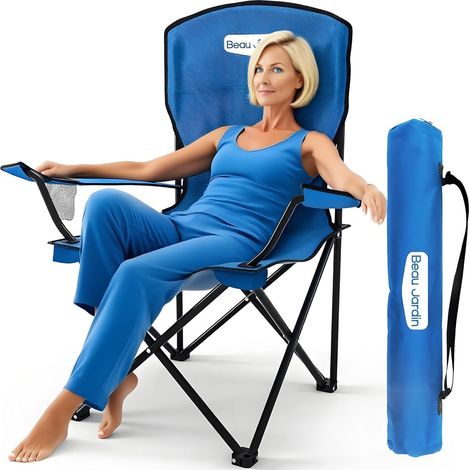 Chaise Camping Pliante 150 KG Chaise de Plage Pliable avec Porte-gobelet et Sac Surdimensionnées Résistantes et Pliantes Pique-Nique Extérieur Plage Jardin Chaise Longue de Camping Bleu (1/5)