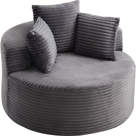 Sillón individual redondo de pana gris de 110 cm con 3 cojines decorativos (1/5)