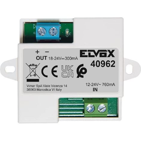 VIMAR 40962 Rettificatore per alimentazione doorbell 40960, alimentazione 12-24 Vac, uscita 18-24 Vdc 300 mA (1/4)