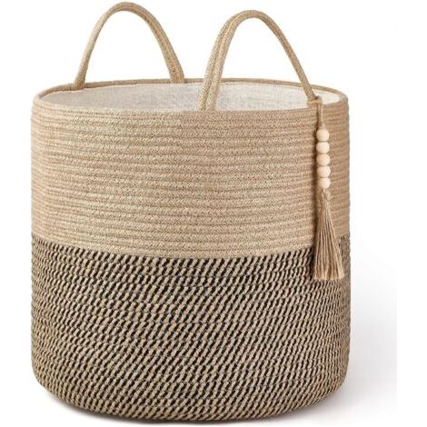 Panier de rangement tressé noir et jaune chanvre, 1 pièce, 383845cm, décoré de corde naturelle, pour le salon et la décoration intérieure. (1/5)