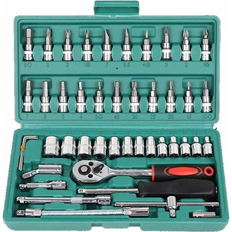 Juego de llaves de vaso de 46 piezas de 6,35 mm con carraca reversible para reparaciones de automóviles y bricolaje, métricas (verde) (1/5)