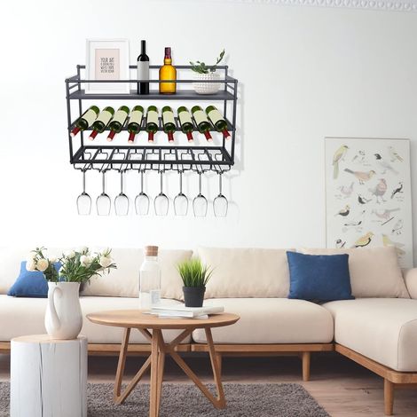 3 Layers Wall Mounted Wine Bottle Stemware Glass Rack, Rustic Metal Wall Mount Shelf Metal Wine Rack Metal Bottle & Glass Holder Elegant Storage for Kitchen, Dining Room, Bar or Wine Cellar Black (1/5)