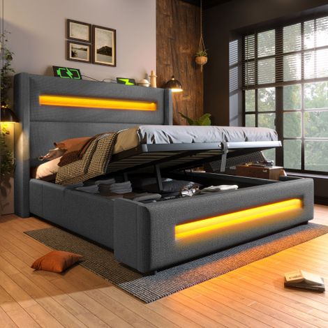 Cama canapé 180x200 cm, cama doble adulto, cama blanda con almacenaje, iluminación LED y puerto USB, tejido de lino, color gris, sin colchón (1/5)