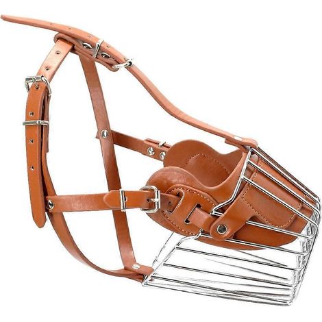Filiyano-(Marron-S) Muselière pour grand chien, en cuir, avec panier en fil de fer métallique, réglable, compatible avec Pitbull et Berger Allemand. (1/5)
