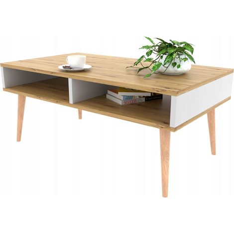 Table basse chêne/blanc, table basse avec étagère, table rétro (1/5)