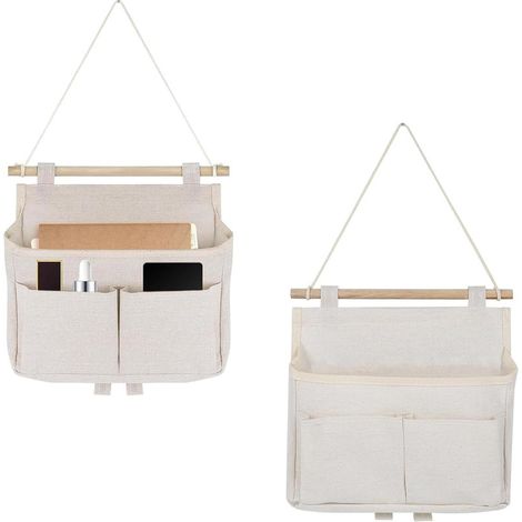 Mural en Lin Pliable Suspendu, 2 Sacs Étagère de Rangement Suspendue, Sac de Rangement Mural Pliable, pour la Salle de Bain, le Bureau, Intérieur, Blanc