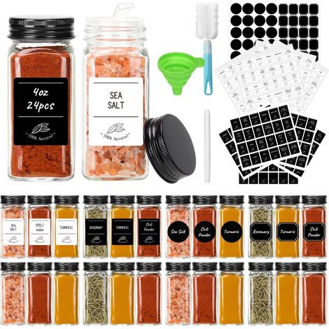 Lot de 24 pots à épices en verre (120 ml) avec couvercles en métal noir, Ensemble complet avec étiquettes d'épices, inserts shaker, funnel et brosse, Organiseur à épices (1/5)