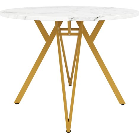 Mesa de comedor redonda 100 x 100 x 76 cm, tablero de MDF efecto mármol, patas metálicas doradas (1/5)