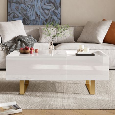Tavolino da caffè sollevabile con contenitore, MDF bianco lucido, 100 x 50 x 54,5 cm DESVIAE (1/5)