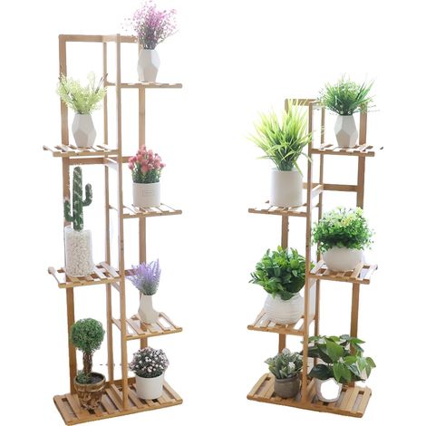 Soporte para plantas, construcción de bambú, uso interior y exterior, madera natural, 6 niveles (1/2)