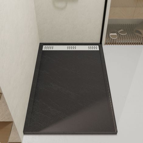 Piatto Doccia in Acrilico Grigio Effetto Pietra 90x140x5 cm + Griglie Lineari Cromato e Bianco Opaco