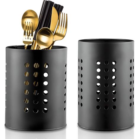 2 Piece Pot Utensils Kitchen Utensils Black Stainless Steel Cutlery Rack Vertical Storage Pot Round Utensil for Spoon Knife Fork Chopsticks (1/5)