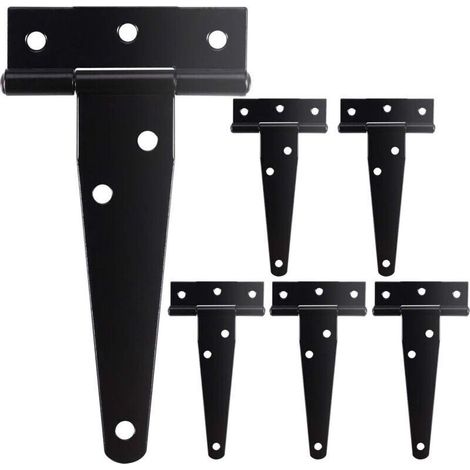 6 Pcs Charnière en T Robuste Noir Antirouille avec Vis de Charnière de Porte, Charnière de Portail en Bois de Jardin, Charnière de Porte Extérieure Durable, DIY Hangar Porte, Fenêtre, Garage (1/5)