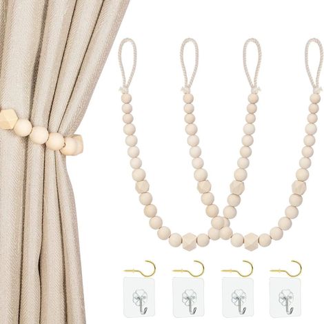 4 pièces (2 paires) de fixations de rideaux en bois perlé - Fixations de rideaux - Supports de rideaux muraux avec crochets pour la décoration murale de la chambre ou de la salle à manger (58 cm) (1/3)