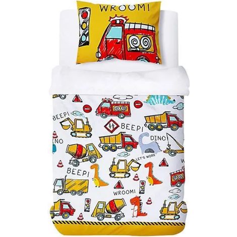 1 Parure de lit Dinosaures et Engins de chantier, Housse de couette 135x200 cm, Taie d'oreiller 50x75 cm, Microfibre (1/5)