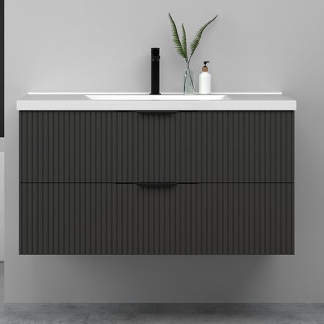 Meuble de salle de bain suspendu Strié 100cm avec poignées + simple vasque + 2 tiroirs, Anthracite